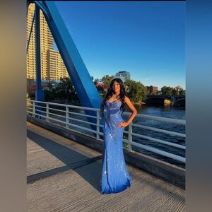Prom, wedding embellished blue maxi dress